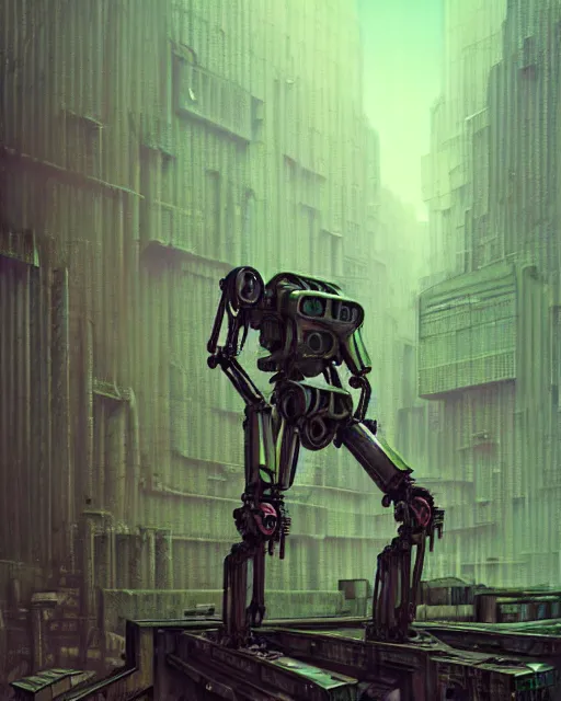 Prompt: hyperrealistic exoskeleton mecha iridescent pink brutalist city ruins background concept art santiago caruso de chirico sharp very dramatic green light 8k low angle shallow depth of field