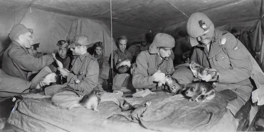 Prompt: photograph of hamsters in a ww 2 field hospital being treated by medic hamsters, detailed