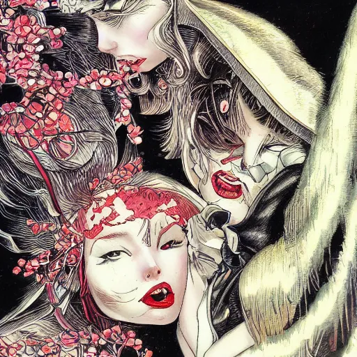 Image similar to closeup of vampire kiss, by yoichi hatakenaka, masamune shirow, josan gonzales and dan mumford, ayami kojima, takato yamamoto, karol bak