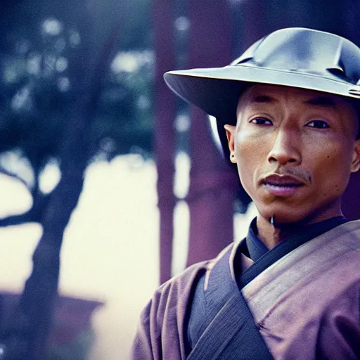 Image similar to cinematic film still Pharrell Williams starring as a Samurai holding fire, Japanese CGI, VFX, 2003, 40mm lens, shallow depth of field,film photography