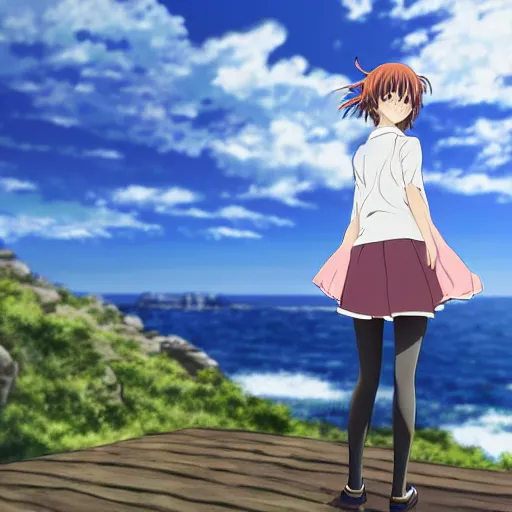 Prompt: An anime girl standing on a cliff, looking out at the ocean, Kyoto Animation Studio, hyper-realistic anime art style, contour shading