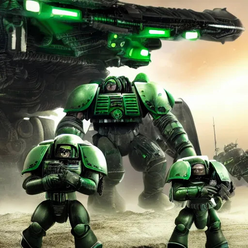 Image similar to dark angels chapter space marine terminator squad fighting a gigantic insectoid alien, 4 k, octane render, extremely detailed, martian landscape