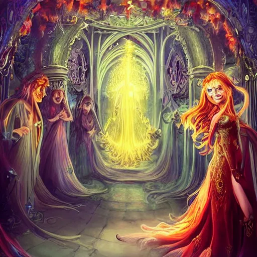 Prompt: Fantastic, fairytale painting, Beautiful, sorceress, long flowing red hair, intense glowing eyes, light emitting from fingetips, hovering, ornate gown, royalty, surrounded by a crowd of people, onlookers, kingdom