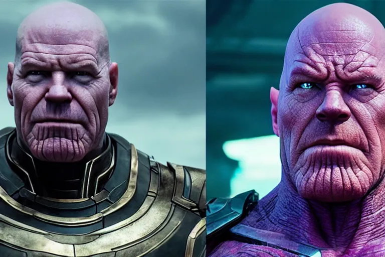 Image similar to promotional image of bald Bryan Cranston as Thanos in Avengers: Endgame (2019), purple skin color, movie still frame, promotional image, imax 70 mm footage