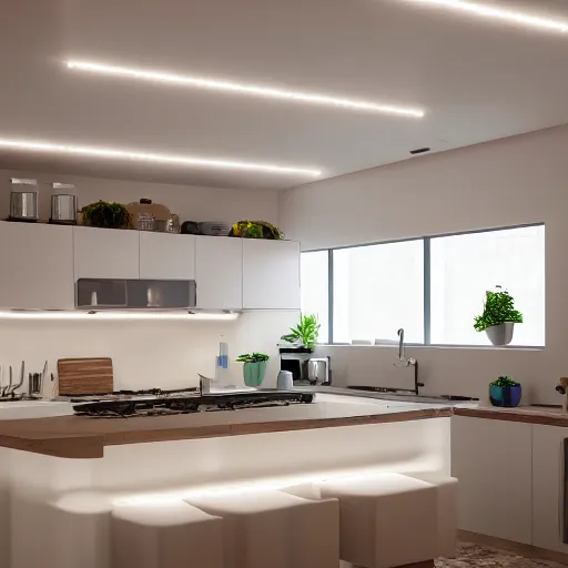 Image similar to kitchen with led strip lighting, realistic, wide shot, octane render, house and home, home and garden, hyper realistic, high quality, highly detailed, hd, beautiful, cinematic, 8 k, unreal engine,