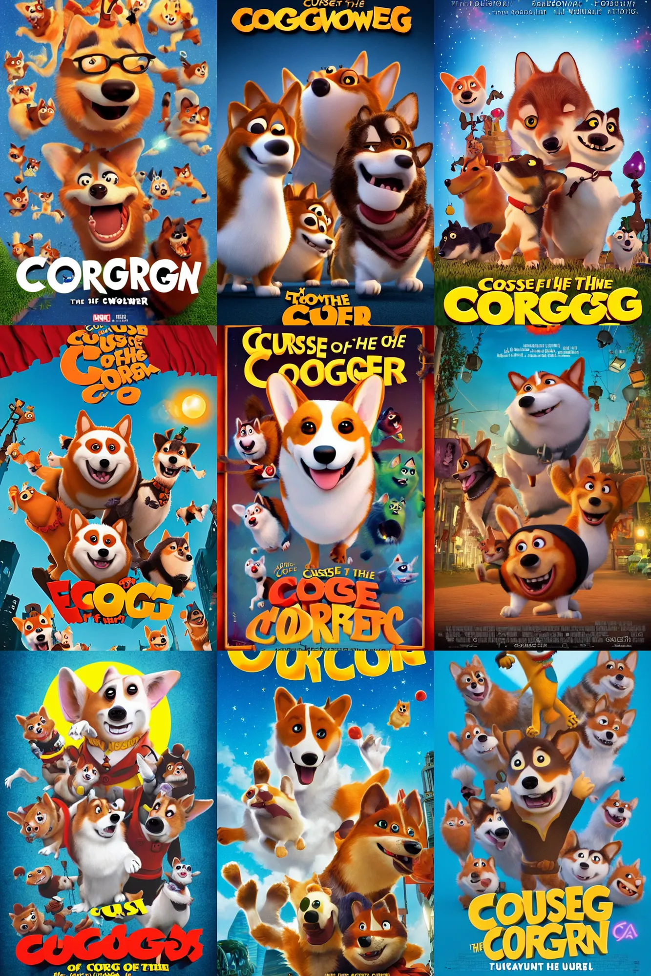 Prompt: movie poster for curse of the corgi werewolf, pixar