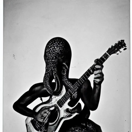 Prompt: vintage photograph of an octopus playing folk blues guitar with its tentacles