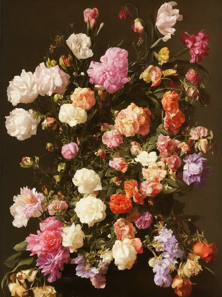 Image similar to highly detailed, hyper realistic, still life with flowers, Dutch painting, old masters, iris, lillies, leaves, roses, peonies, marigold, roses, cherry blossoms, apple blossoms, in the style of Rachel Ruysch