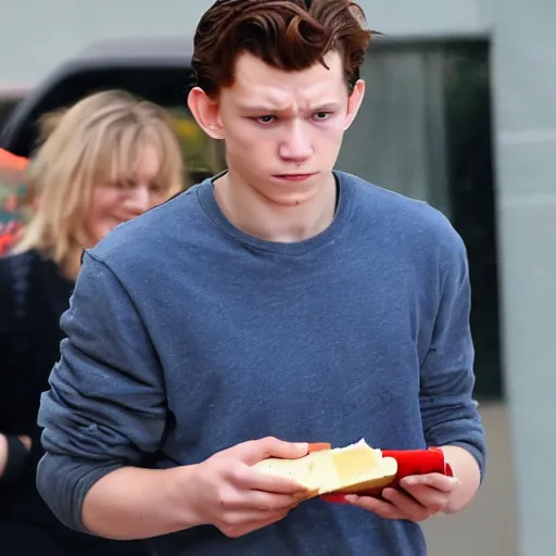 Image similar to sad tom holland holding a wallet full of cheese