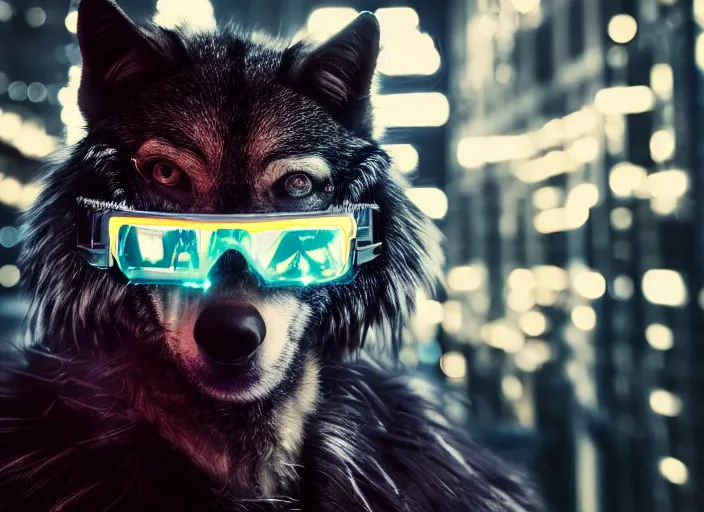 Prompt: portrait of cybernetic wolf with cyberpunk glasses, reflective lens, bokeh, mechanical parts, neon wires, dark fur, closeup portrait, editorial photography, award winning, establishing shot, dark mood, dark sci fi