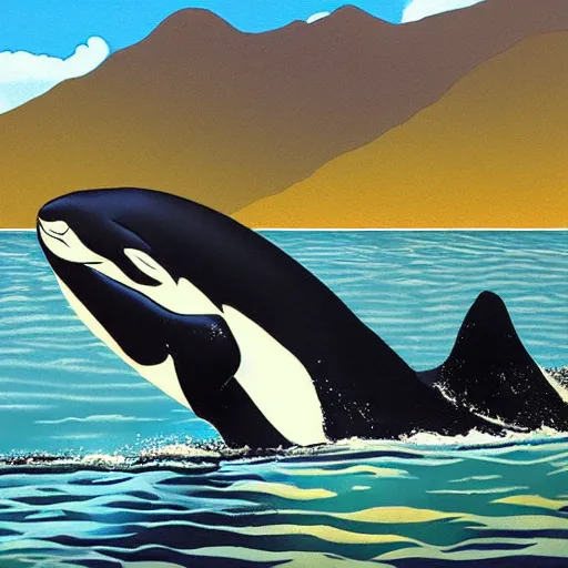 Prompt: orca swimming in a fiord, caricature, amazing details