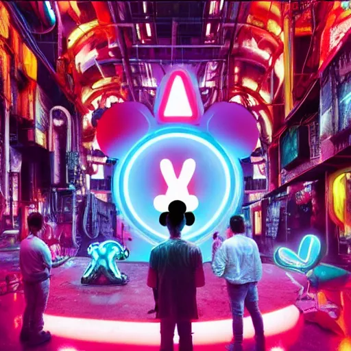 Image similar to a group of people standing around a giant bloody mickey mouse, cyberpunk art by david lachapelle, cgsociety, dystopian art by industrial light and magic, netflix neon logo concept art, neons, interior