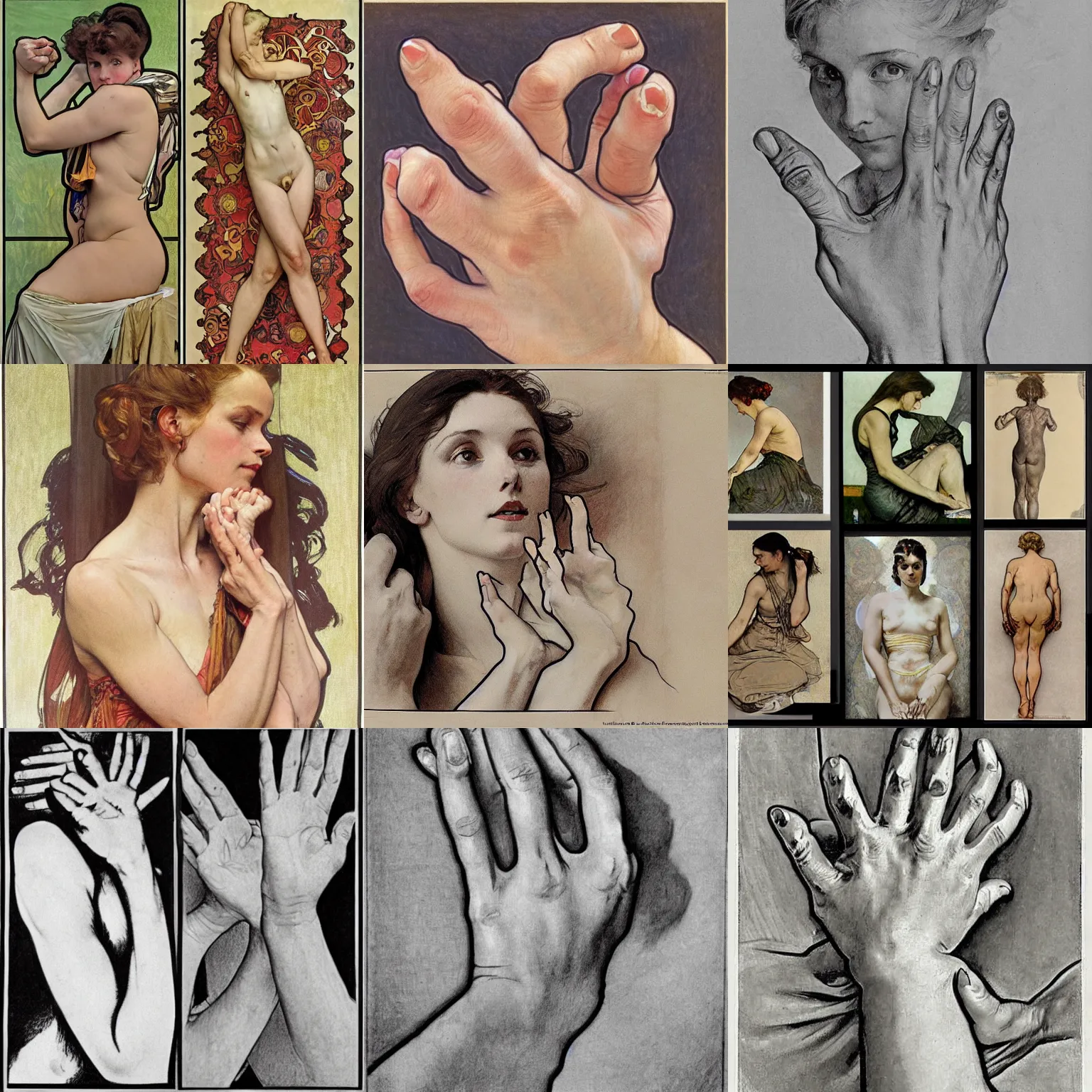 Prompt: anatomy drawing of female hands, close, painting, by norman rockwell and alphonse mucha