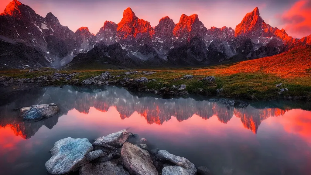 Image similar to amazing landscape photo of mountains with lake in sunset by marc adamus, beautiful dramatic lighting