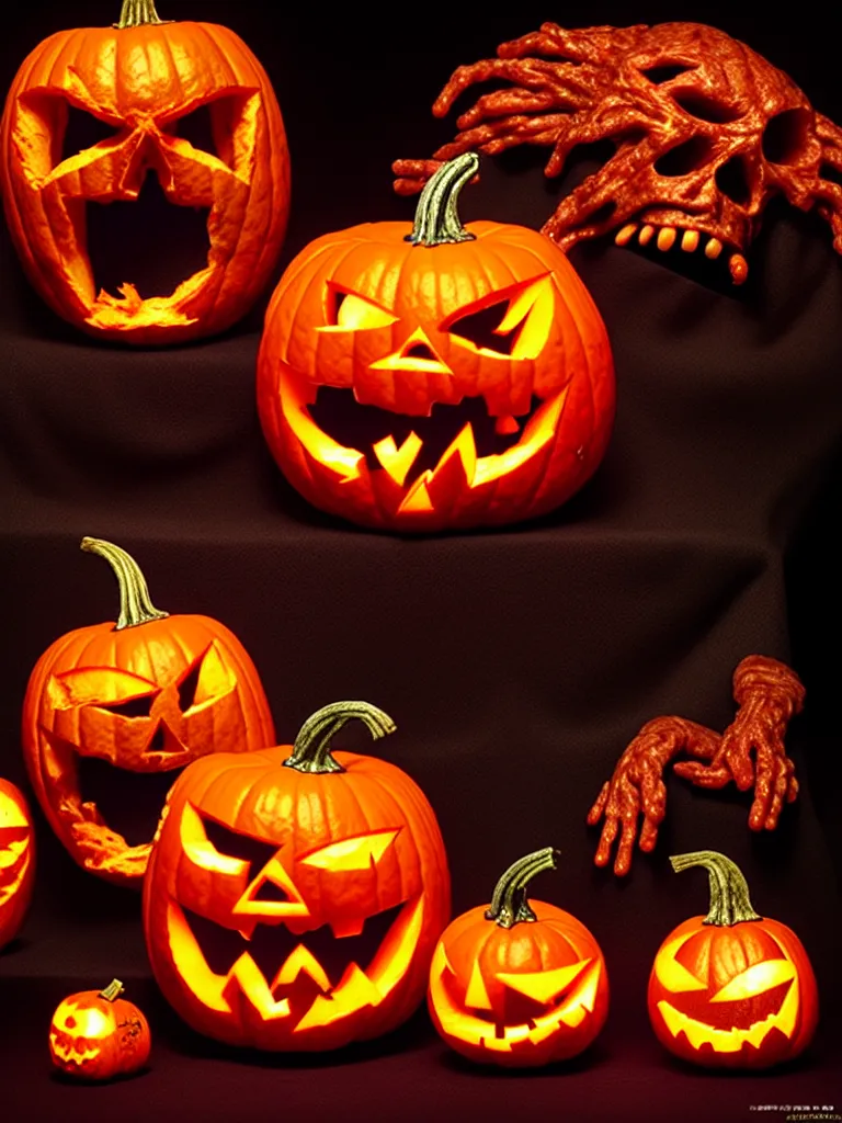 Image similar to hyperrealistic subsurface scattering rendering, fat smooth wet cronenberg flesh monster jackolantern with smooth skull and ribcages pumpkins by art of skinner and richard corben and jeff easley, product photography, action figure, sofubi, studio lighting, colored gels