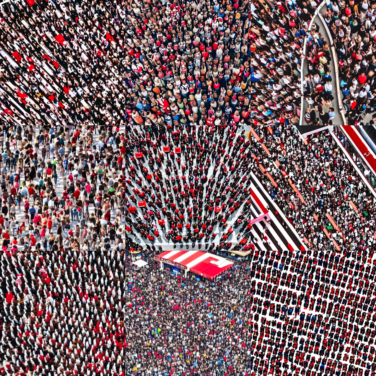 Prompt: cartoon of male with brown hair, glasses, red and white striped clothing in a crowd at the mall, zoomed out highly aerial shot