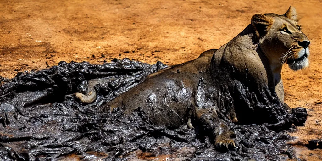 Prompt: a photo of a lioness, made of tar, bathing inside the tar pit, full of tar, covered with liquid tar. dslr, photography, realism, animal photography, color, savanna, wildlife photography