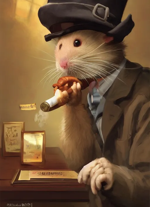 Image similar to oil painting of a cute pet rat dressed as an english professor smoking a pipe, giving a lecture in a university chemistry lab, digital art, artstation, fantasy, cinematic, fine details by realistic shaded lighting poster by ilya kuvshinov katsuhiro otomo, magali villeneuve, artgerm, jeremy lipkin and michael garmash and rob rey