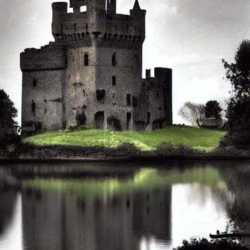 Prompt: an abandoned castle that sits on an island in the middle of a dark lake, there are cobwebs and dust hanging all over the castle and there is a ghostly apparition in one of the windows, a worn boat floats on the lake in front of the castle, renaissance painting, high quality