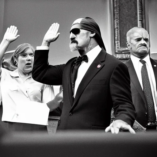 Prompt: close up photo of hulk hogan being sworn in as president of the united states, Sigma 24mm f/8