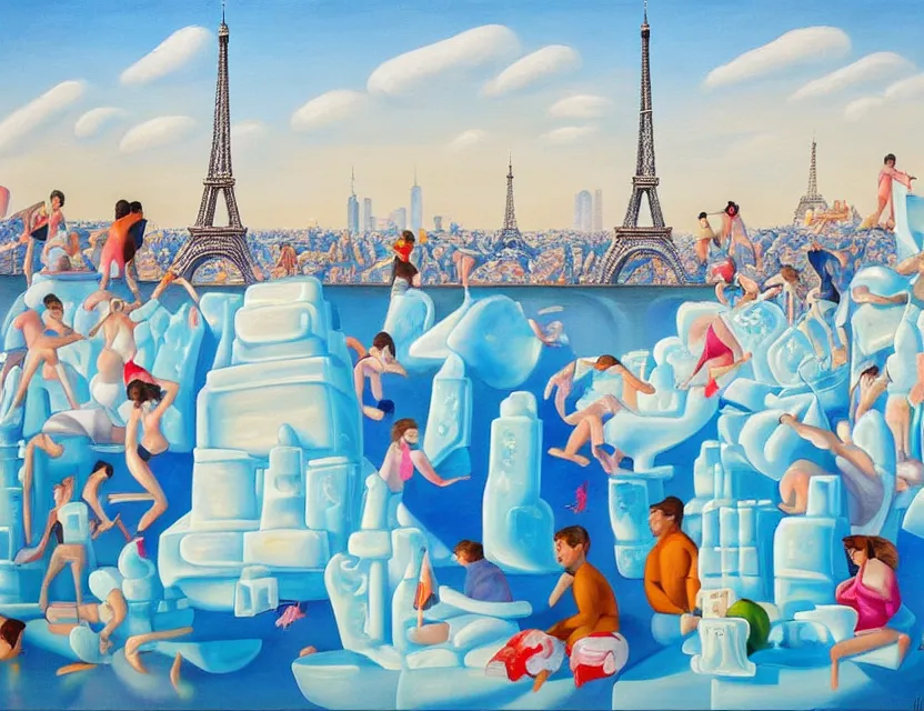 Image similar to a painting of ice sculptures made of icecream in the shape of the skyline of paris with eiffel tower on a very sunny summer day, very hot and the ice is melting fast and people are swimming in the icecream in the style of james jean and fernando botero