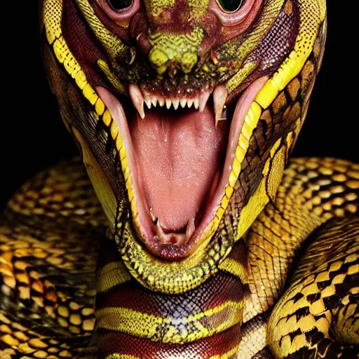 Prompt: a demon inspired by snakes created by the make up artist hungry, photographed by andrew thomas huang, cinematic, expensive visual effects