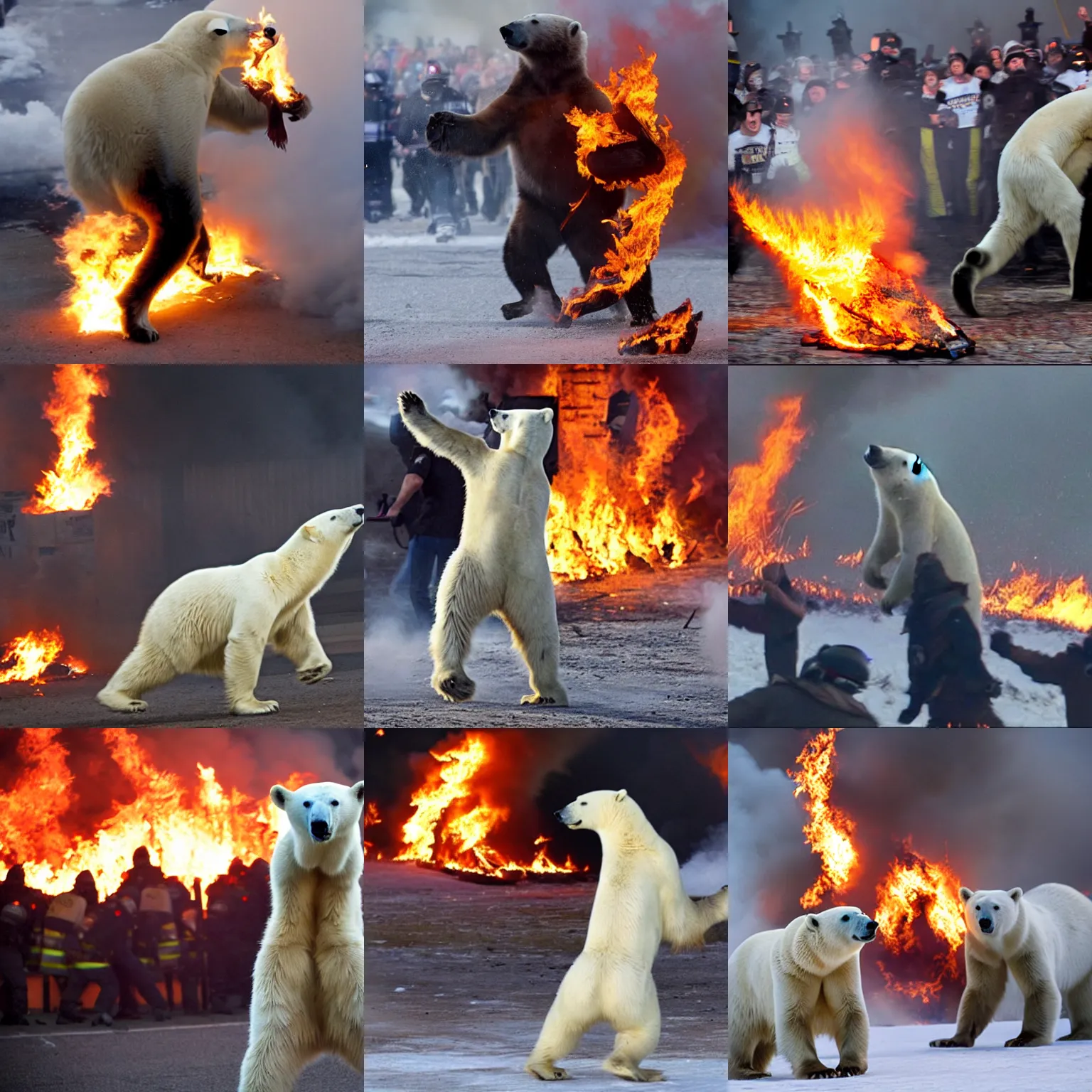 Prompt: polar bear throwing a flaming bottle at a riot, lots of fire, photo