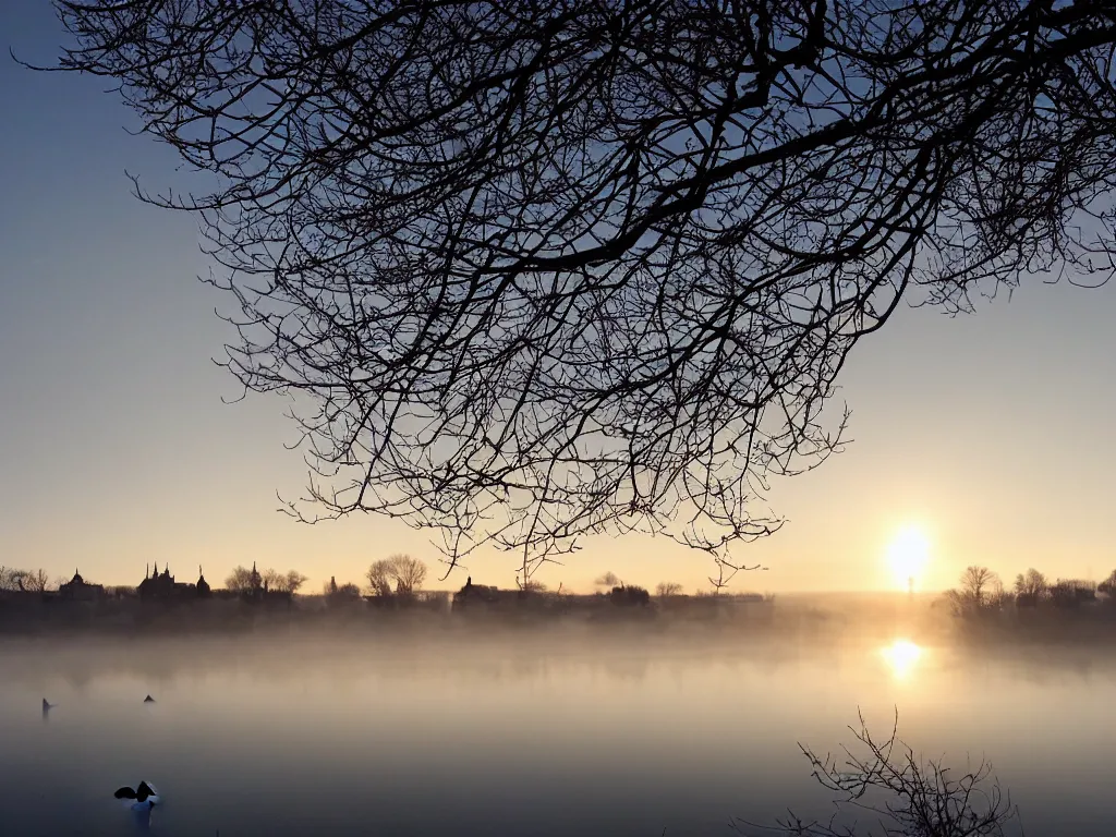 Image similar to I stand on a bridge at dawn on cold winter’s morning. There is frost on the ground and mist over the water. Two swans are swimming in the distance. I can just make out the roofs of some buildings in the far distance, but generally this area is rural. The first rays of sunlight are just emerging and are starting to cast a beautiful golden light across the fields. A goose flies low overhead. I raise my camera and hope to capture the beauty of this scene on my Sony A7R camera with a 17mm wide angled lens