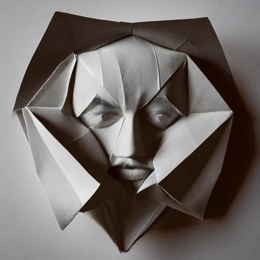 Image similar to the face of a man, layered paper, origami style, top down photography, ambient light