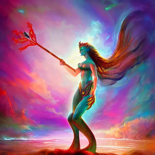 Prompt: warrior sea merfolk goddess full frame casting a spell, beautiful composition, wide angle, colorful, cinematic, volumetric lighting, intricate details painting