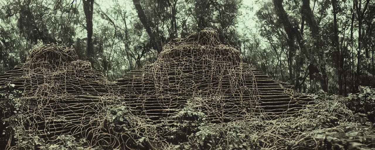 Prompt: an ancient aztec temple in the middle of the forest covered in spaghetti, canon 5 0 mm, cinematic lighting, photography, retro, film, kodachrome