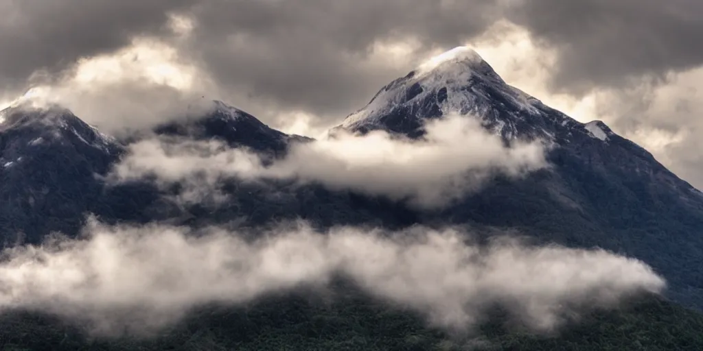 Prompt: a mountain floats in the clouds and shines brightly