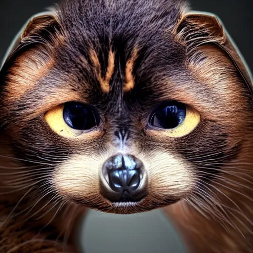 Image similar to a feline cat - sloth - hybrid with a beak, animal photography, wildlife photo, award winning