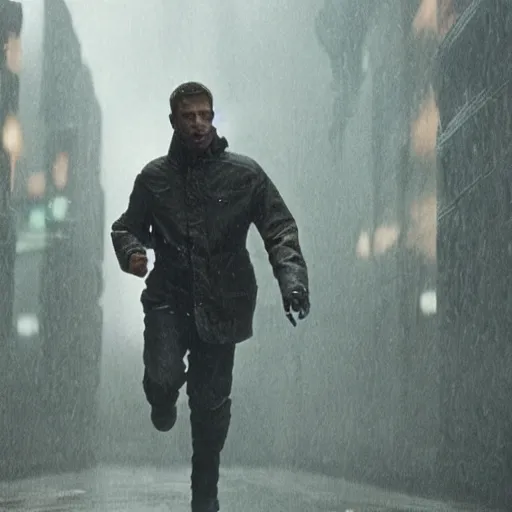 Image similar to film still blade runner with a man in a techwear outfit