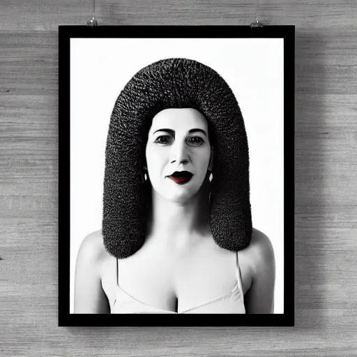 Image similar to symmetrical human portrait of marge simpson, grainy high contrast black and white photography photo print ilford warm tone