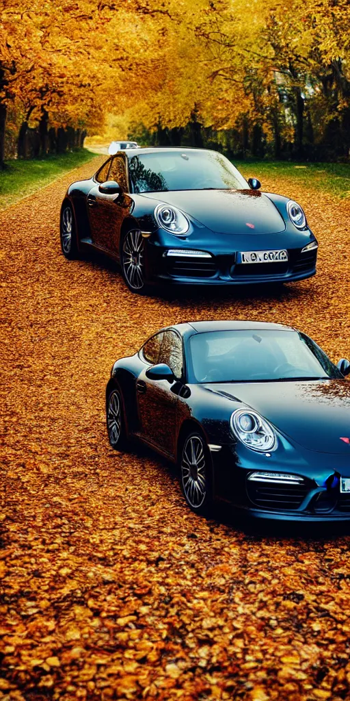 Prompt: photo of a porsche driving through autumn leaves, photo, kodak portra 4 0 0, direct flash, cinematic lighting, anti aliasing