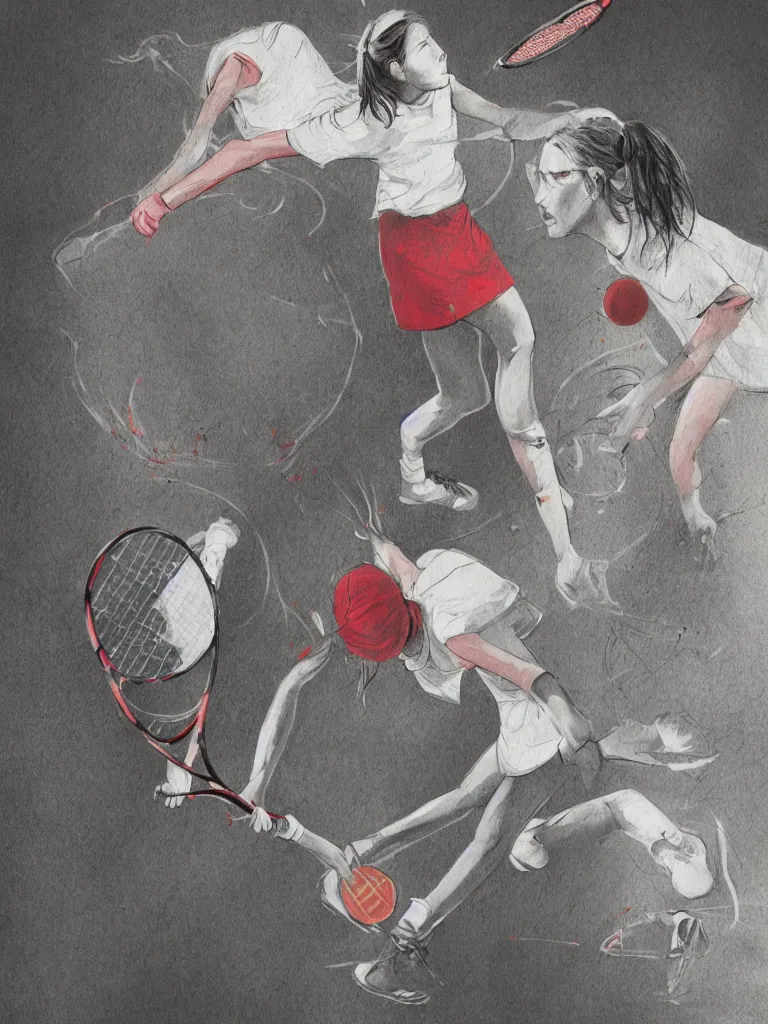 Prompt: young adult women playing tennis with a giant rabbit, blood stains on shirt, blood on tennis court, bleeding audience, illustration, traditional drawing style, dramatic mood, textured canvas, pastels, 8 k render octane high definition cgsociety