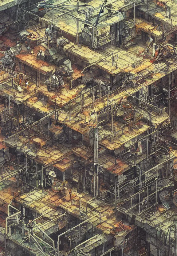 Image similar to [Underground colony with checkered flags, rust and brutalist buildings and little mushrooms. Propaganda poster, intricate, elegant, highly detailed, digital painting, artstation, concept art, matte, sharp focus, illustration, art by Enki Bilal and Moebius]