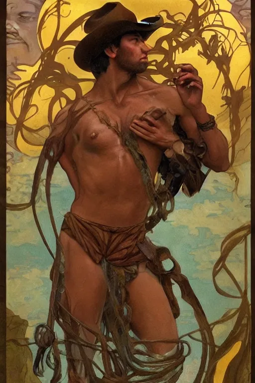Prompt: a dramatic, epic, ethereal (tarot) painting of a handsome brown shirtless cowboy | background is a torrential flooding river | tarot!! card, art deco, art nouveau | by Mark Maggiori (and Alphonse Mucha) | trending on artstation