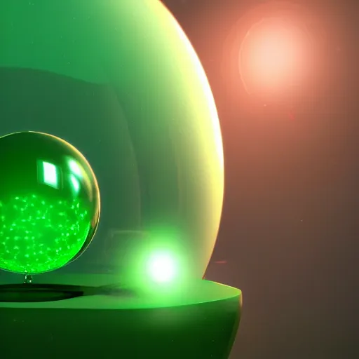 Prompt: digital art of green mysterious alien sitting in a luminous glass ball, 3 d, ultradetail, wow how is beautiful, artstation, sharp focus, unreal engine