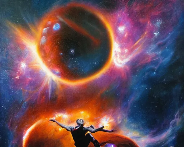 Image similar to cosmic basketball player dunking a basketball hoop in a nebula, an oil painting, by ( leonardo da vinci ) and greg rutkowski and rafal olbinski ross tran airbrush time magazine