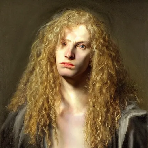 Prompt: a striking hyper real painting of Lucius the pretty pale androgynous albino prince, long fluffy curly light blond hair by Jan Matejko