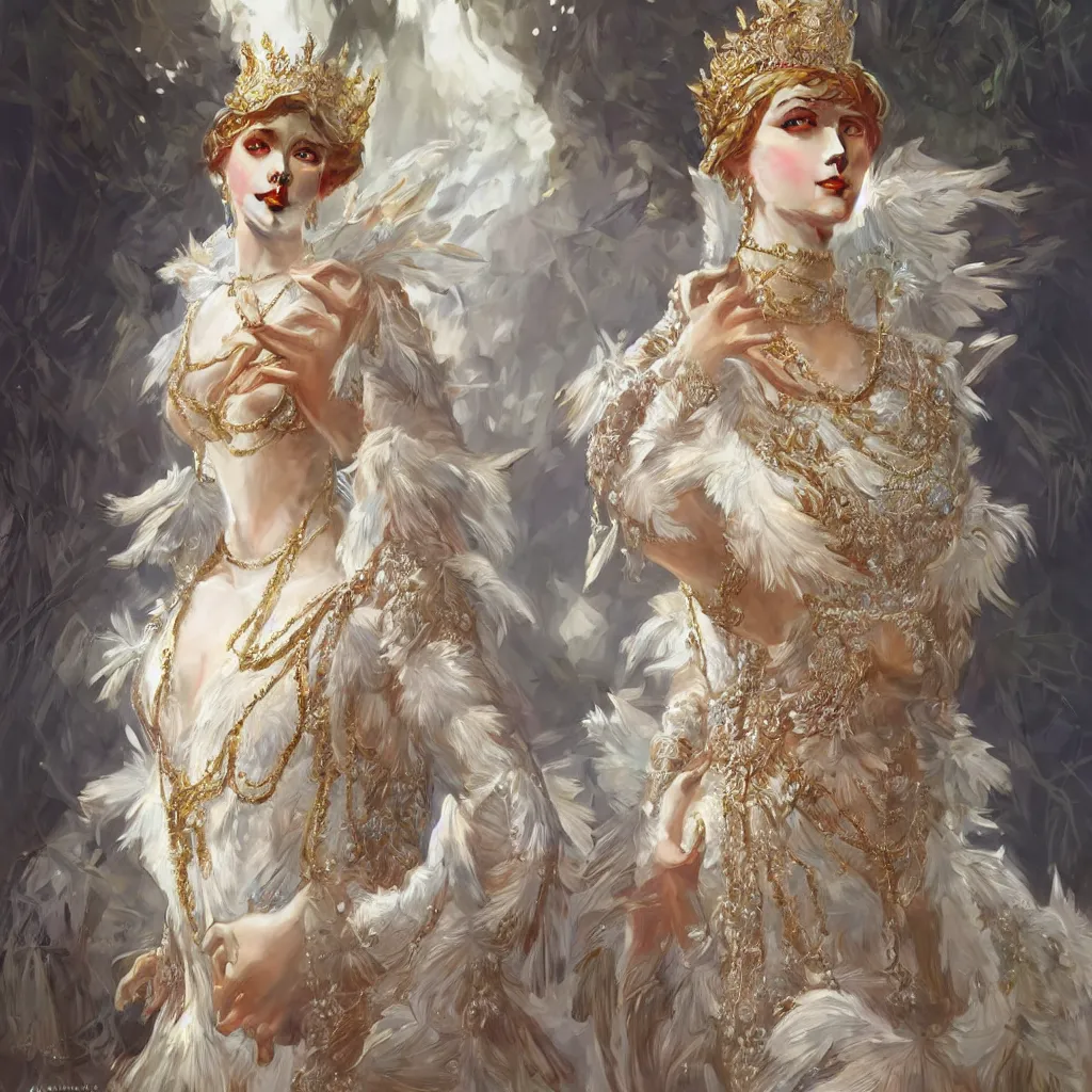 Image similar to a realistic queen with a decorated dress made of white pearls and white plumes of swan, highly detailed, digital painting, Trending on artstation , HD quality, by artgerm and greg rutkowski and alphonse mucha, dramatic light, octane