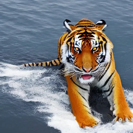 Prompt: tiger caught by fishing boat, zenith view,