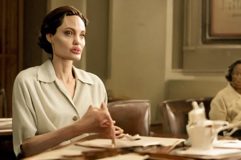 Image similar to Angelina Jolie as Rosa Parks in 'Rosa' (2007), movie still frame, promotional image, imax 70 mm footage, oscar nominated cinematography, volumetric lighting, 8k resolution