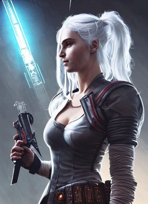 Image similar to portrait of Ciri wearing a sci-fi outfit from the Witcher as a character in Cyberpunk 2077, looking at camera, intricate, elegant, sci-fi, extremely detailed, digital painting, artstation, concept art, smooth, sharp focus, illustration, ambient lighting, incredible art by artgerm and greg rutkowski and alphonse mucha and simon stalenhag