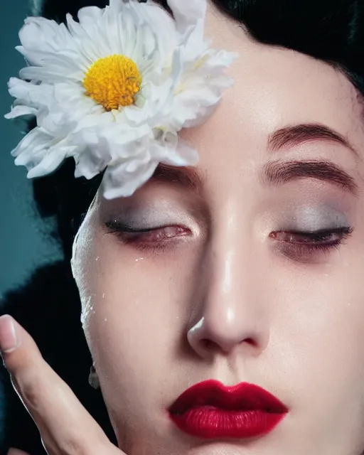 Prompt: Portrait of a Jewish woman, close-up, ice, diamond skin, high sharpness, zeiss lens, fashion photo shoot, flowers, red hair, coral lipstick, on the background black , in semi prakEduard Buba, Annie Leibovitz, Paolo Roversi, David Lazar, Jimmy Nelsson, Eiko Hosoe, artistic, hyper-realistic, beautiful face, octane rendering