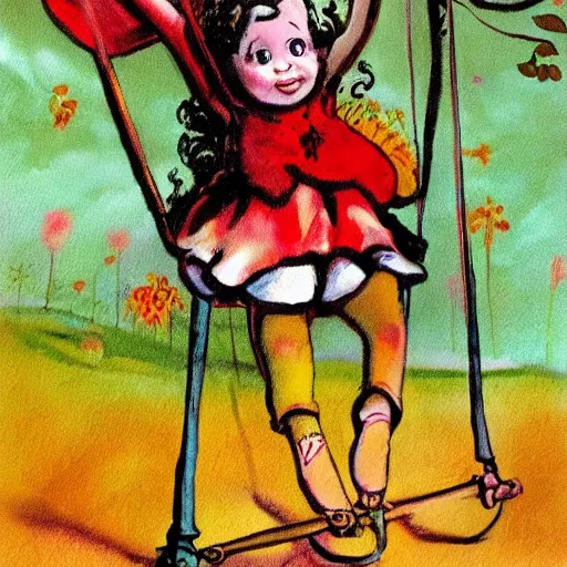 Prompt: fantasy painting of a little girl on a swing by dr seuss | horror themed | creepy