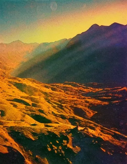 Image similar to vintage color photo of light rays shinning through Cordillera De Los Andes, 8k definition