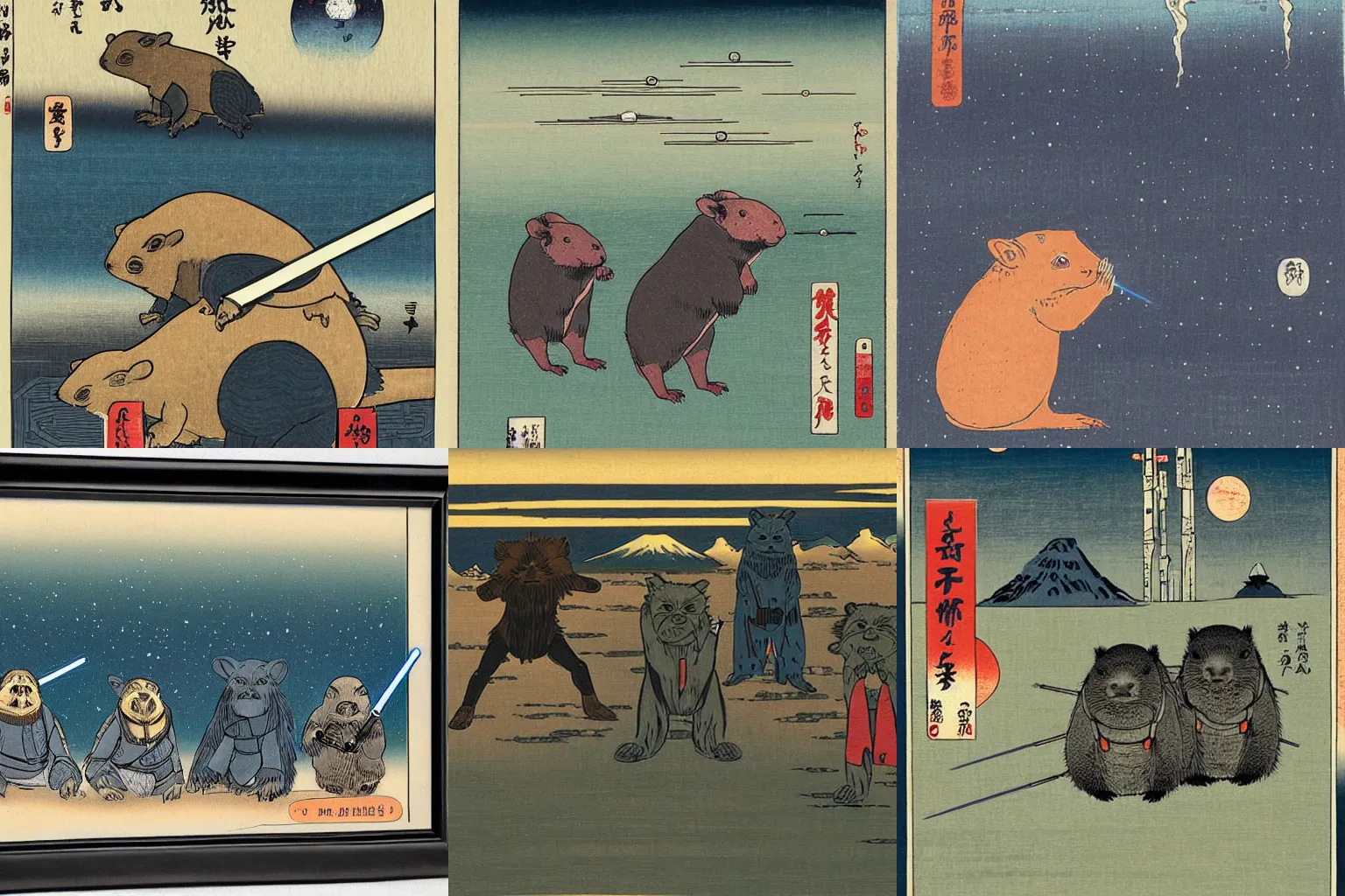 Prompt: star wars wombats by hiroshige
